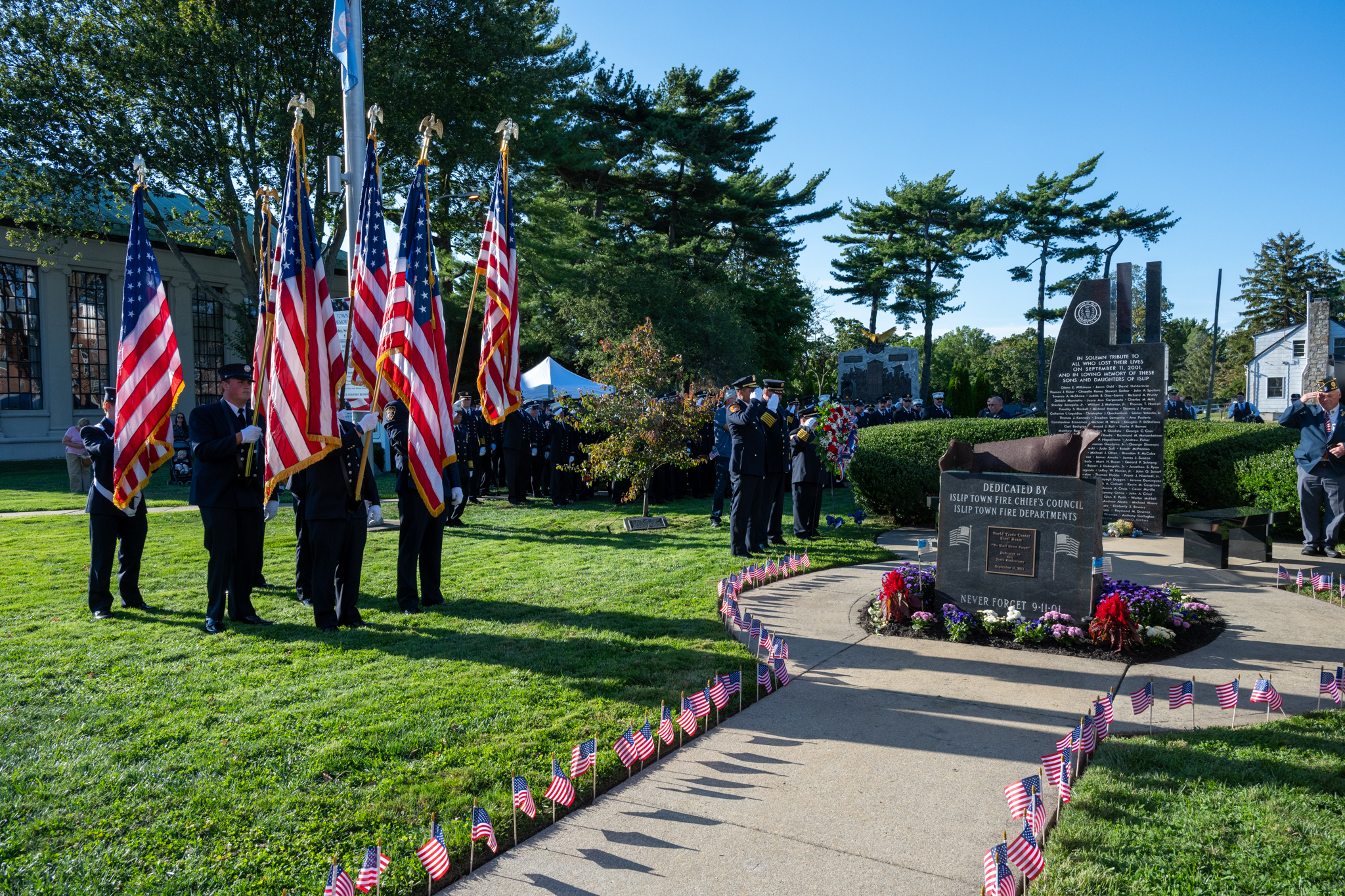 American flags at a civic memorial ceremony in Islip Town